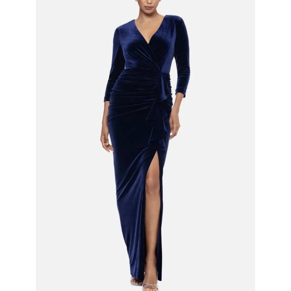 Betsy & Adam 8 Navy Blue Velvet Cascade Ruffle Ruched V-Neck Gown Long Slit NWT